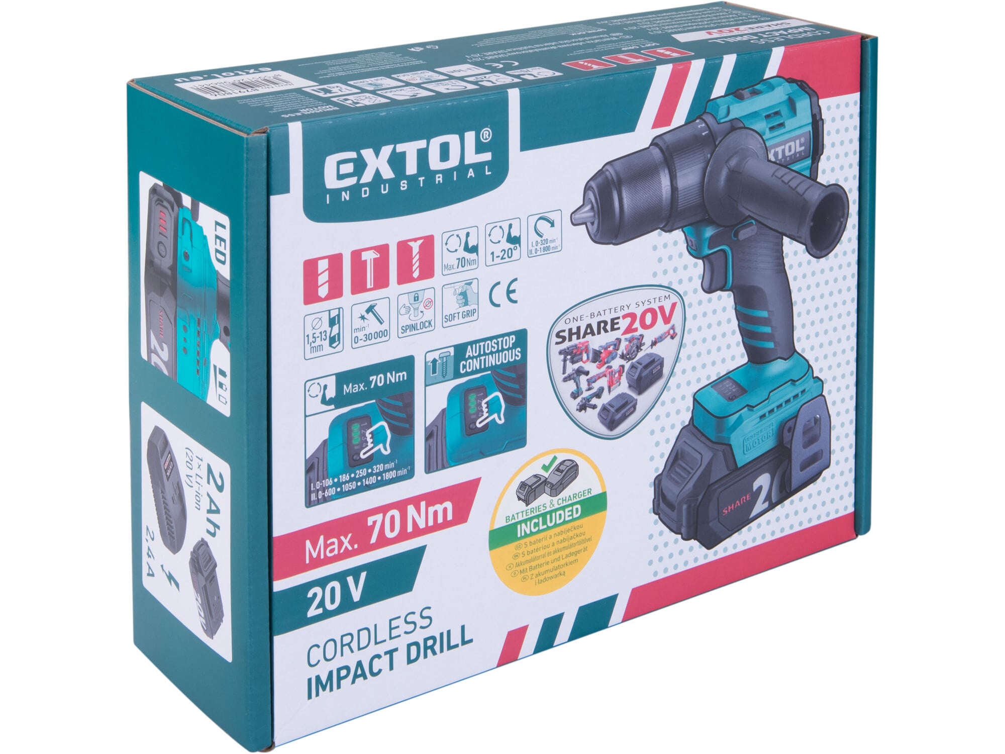 EXTOL INDUSTRIAL 8791806 Vŕtačka s príklepom aku Share20V, 1x 2Ah, 70Nm, bezuhlíkový motor