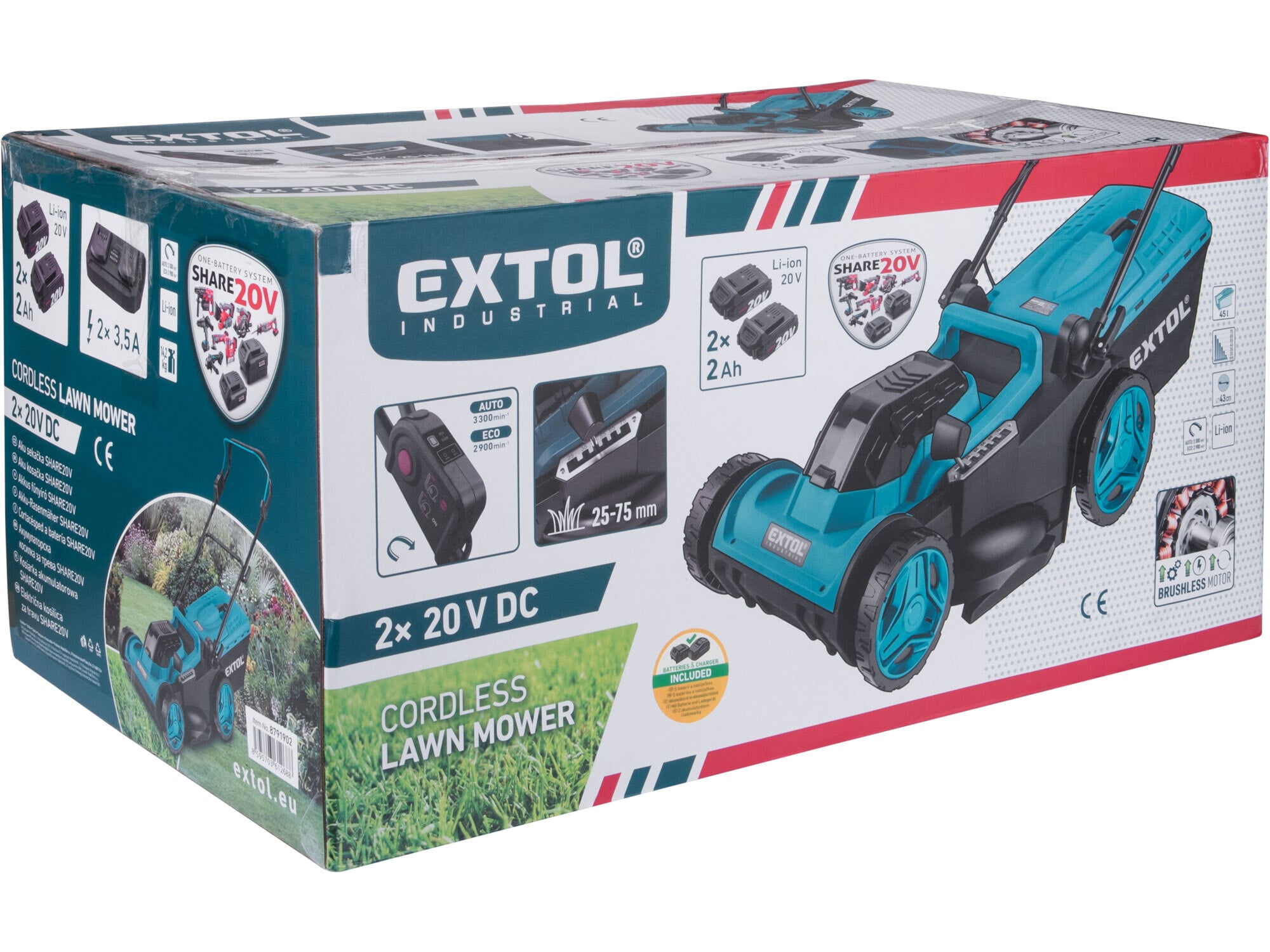 EXTOL INDUSTRIAL 8791902 Kosačka na trávu aku Share20V, 2x 2Ah, šírka kosenia 43cm, bezuhlíkový motor