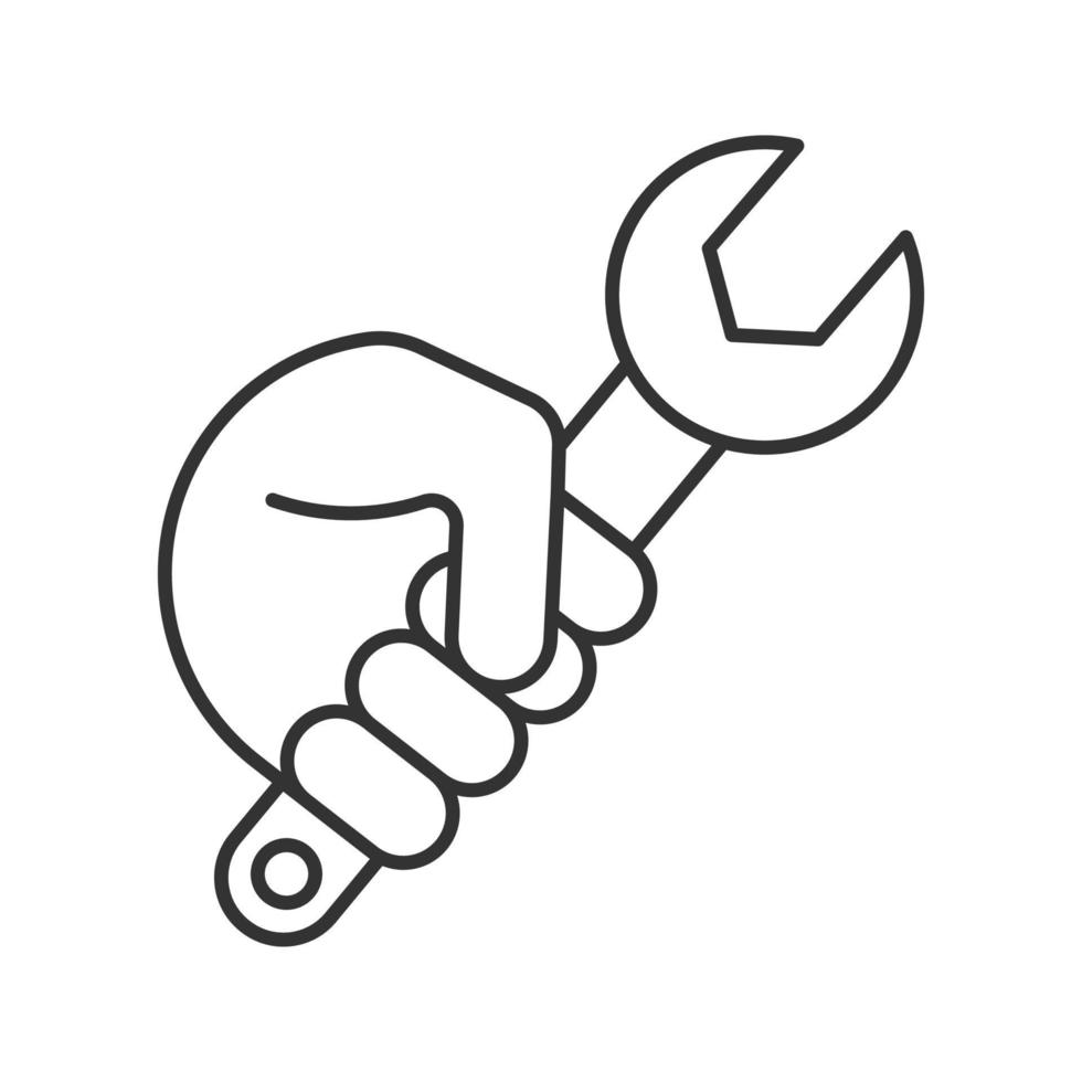 hand-holding-wrench-linear-icon-thin-line-illustration-combination-spanner-contour-symbol-isolated-outline-drawing-vector