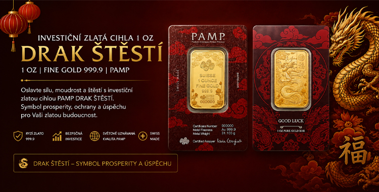 Investiční zlatá cihla PAMP Švýcarsko - Drak štěstí - 1 Oz