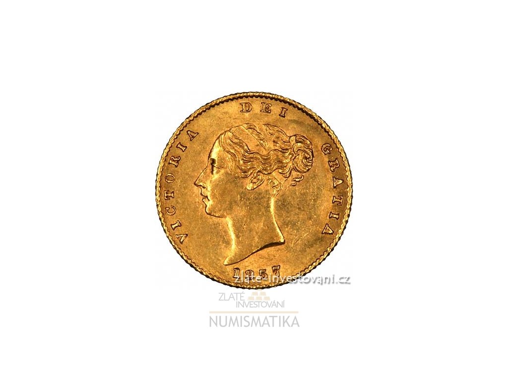 zlatá mince britský půl Sovereign Victoria 1838-1887 první portrét -typ štít