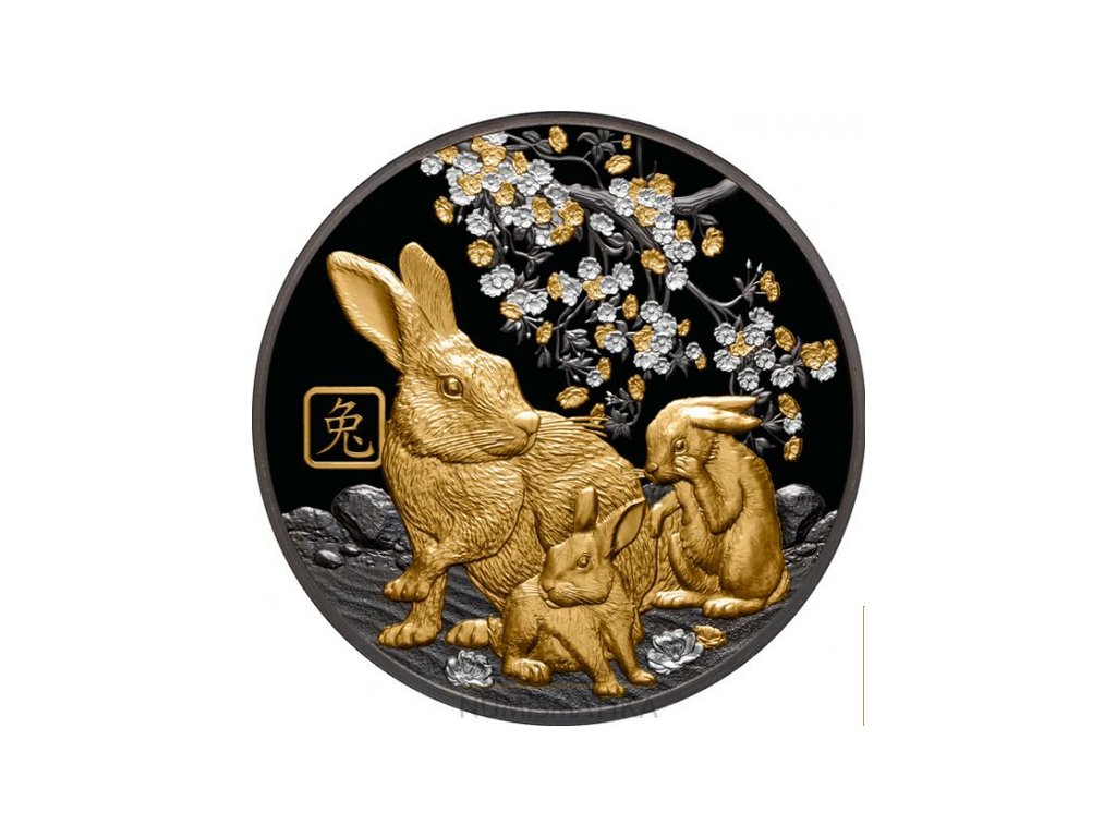 Investiční stříbrná mince Rok králíka 2023 black silver, pozlaceno - 5 Oz proof
