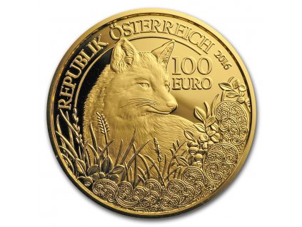 Zlatá mince 100 Eur-Liška-rakouská série Wild life 2016 1/2 Oz
