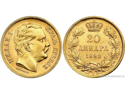 investiční zlatý 20 dinár -král Milan Obrenovič I. 1882