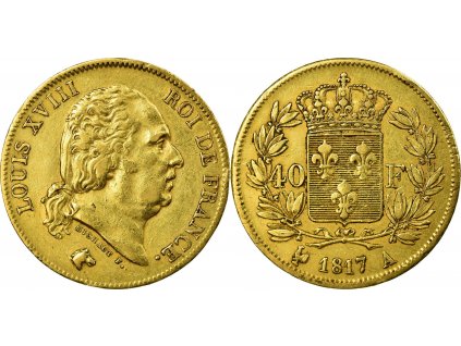 Zlatý francouzský čtyřicetifrank Ludvík XVIII.