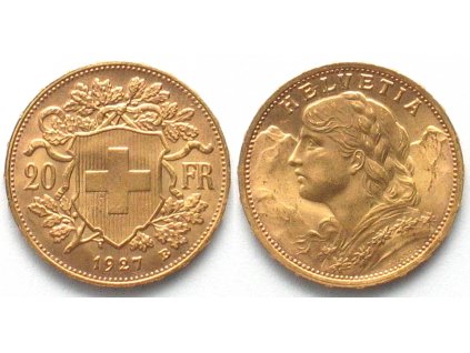 švýcarský zlatý Vrenelli-20 franků 1927