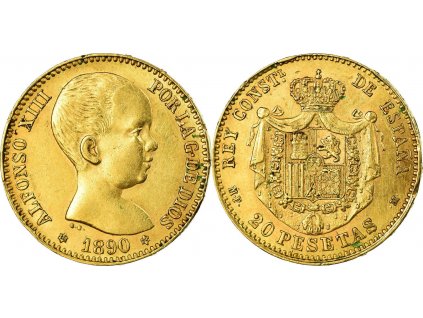 Zlatá mince 20 peset-Alfonso VIII. 1887-1890- první portrét