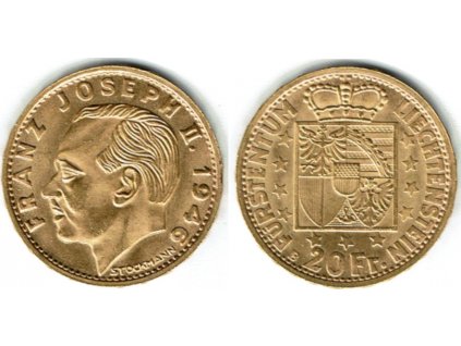 Zlatý 20 frank Franz Josef II. 1946-Lichnštejnsko