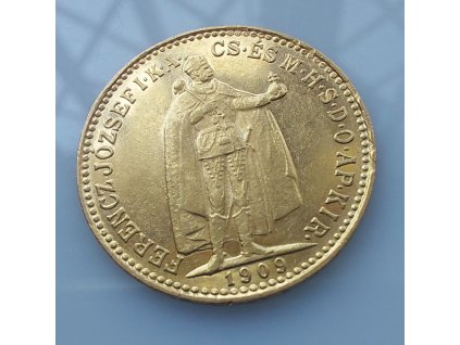 Zlatá desetikoruna Františka Josefa I.-uherská ražba 1909 KB- téměř 0/0
