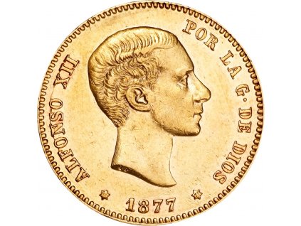 Zlatá mince 25 peset Alfonso XII 1876-1881- druhý portrét