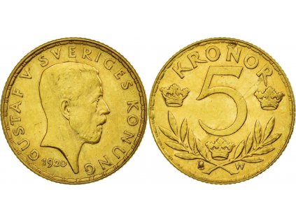 Zlatá švédská 5 koruna Gustav  V. 1920