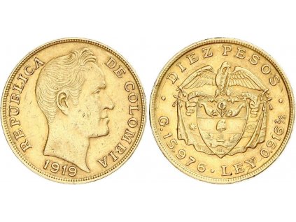 Zlatá mince 10 peso 1919-Kolumbie