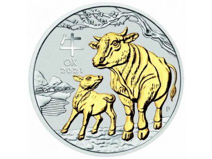 Stříbrná pozlacená mince Rok Býka 2021 1 Oz Lunární série III.