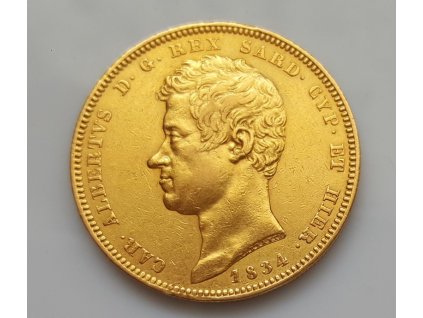 Zlatá mince král Carlo Alberto-Sardinie 100 lira 1834