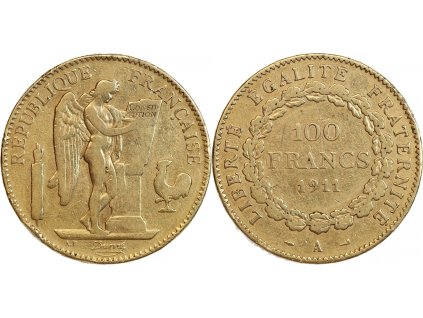 zlatý francouzský 100 frank- Anděl (Génius) 1911