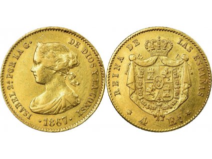 Zlatá mince 4 escudos Isabel II.-Španělsko