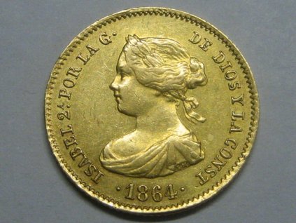 Zlatá mince 40 reál sabel II.-Španělsko 1864