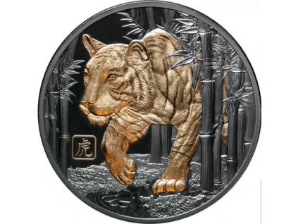 Stříbrná mince lunární Tygr černé stříbro, částečně pozlacené 5 Oz PROOF