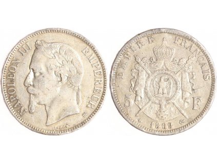 Stříbrný 5 frank Napoleon III. 1869-typ vavřín