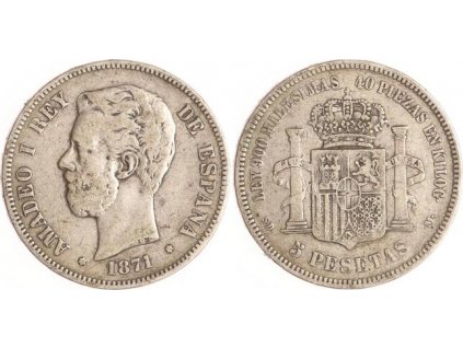 Stříbrná 5 peseta Amadeo I. -1871
