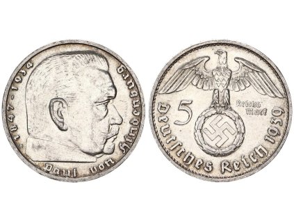 Stříbrná říšská 5 marka-1939-B-Paul von Hindenburg-motiv orlice