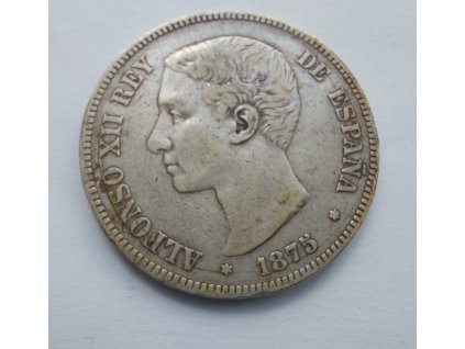 Stříbrná 5 peseta Alfonso XII. -1875-první portrét