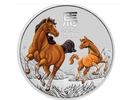 Stříbrná kolorovaná mince rok koně 2026-1 Oz proof-lunární série III.