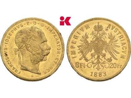Osmizlatník-dvaceti frank -8 gulden 1883-rakouská ražba -vzácný ročník