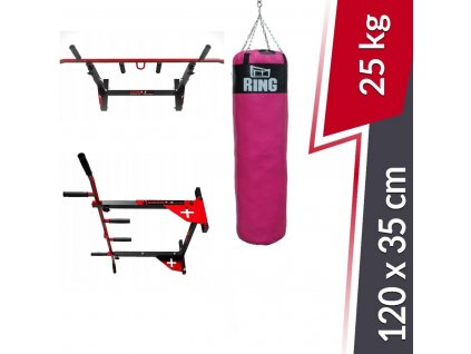 Posilovací hrazda s růžovým boxovacím pytlem