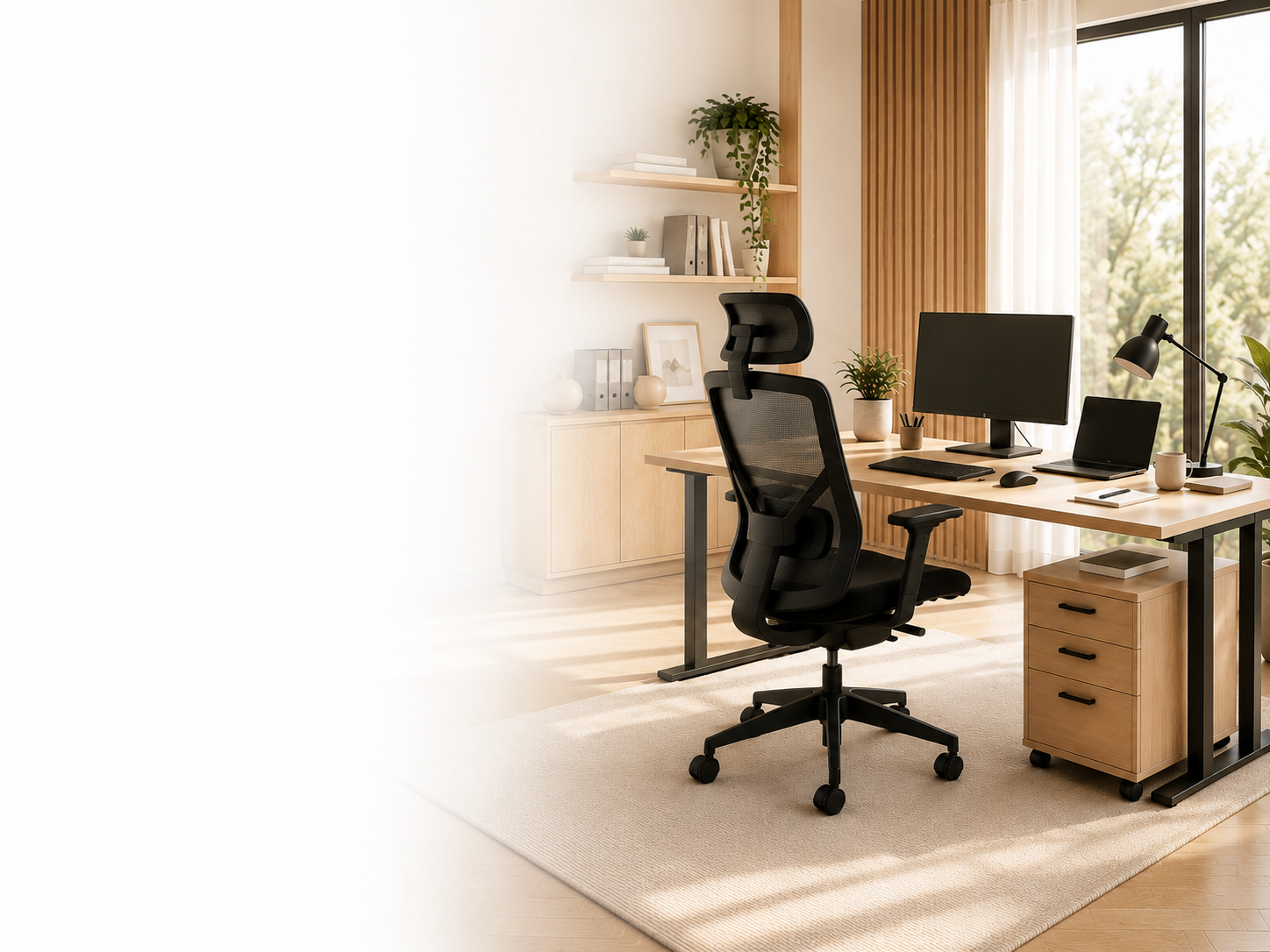 Moderní kancelář s ergonomickou židlí, pracovním stolem, monitorem a úložným kontejnerem