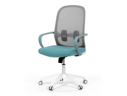 Židle kancelářská, bílý plast, šedý MESH a modrá látka, plastový kříž, houpací mechanismus.