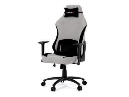 Herní křeslo, stříbrná látka, houpací mechanismus, polohování opěradla 90°-180°, 3D područky, polštáře z paměťové pěny,