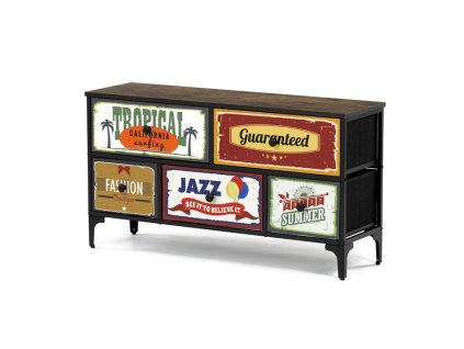 Retro komoda LINEA - 5 zásuvek, MDF, kov, dekor staré dřevo (Barva Vícebarevná)