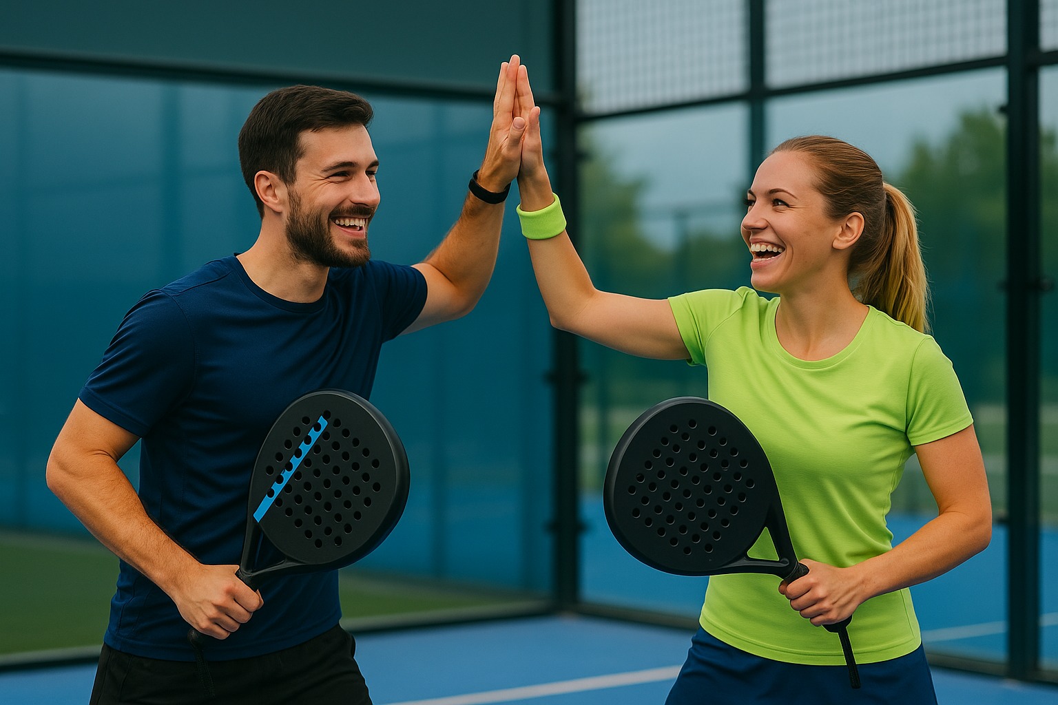 Muž a žena hrající padel se radují a dávají si high-five na kurtu.