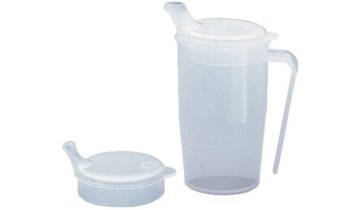 Hrnek s rukojetí a se dvěma víčky pro jedení a pití, krátký náústek, 250 ml