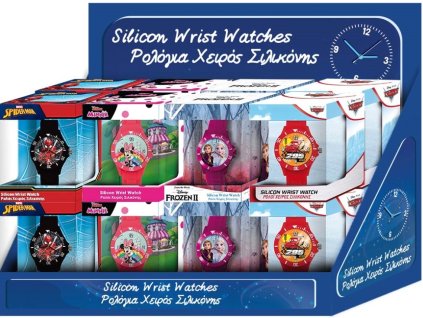 Set 16 silikonových hodinek DISNEY (4x CARS, FROZEN 2, MINNIE, SPIDERMAN)+DISPLAY 40x20x30