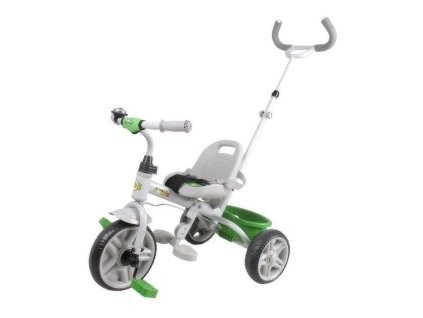 Tříkolka pro menší děti s vodící tyčí a košíkem zeleno-bílá