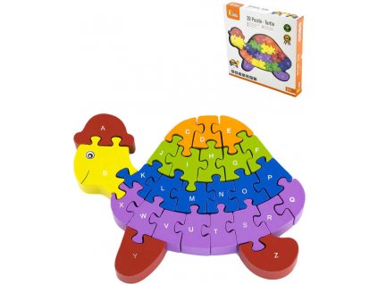 DŘEVO 3D Puzzle skládačka želva 24cm s abecedou 26 dílků v krabici