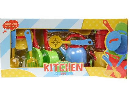 Nádobí dětské barevné plastové set s kuchyňskými nástroji v krabici