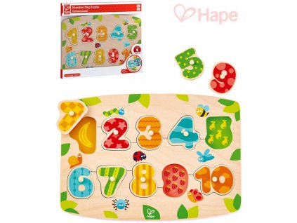 HAPE DŘEVO Baby čísla na desce puzzle vkládací s úchyty 10 dílků pro miminko