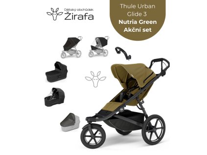 Akční set Thule Urban Glide 3 Nutria Green Single + Korbička + Madlo + 2x Pláštěnka + 2x Moskytiéra 2025