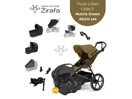 Akční set Thule Urban Glide 3 Nutria Green Single + korbička + madlo + 2x pláštěnka + 2x moskytiéra + autosedačka + base 2025