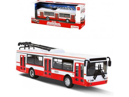 Trolejbus MHD 16cm červeno-bílý kovový na zpětný chod v krabici
