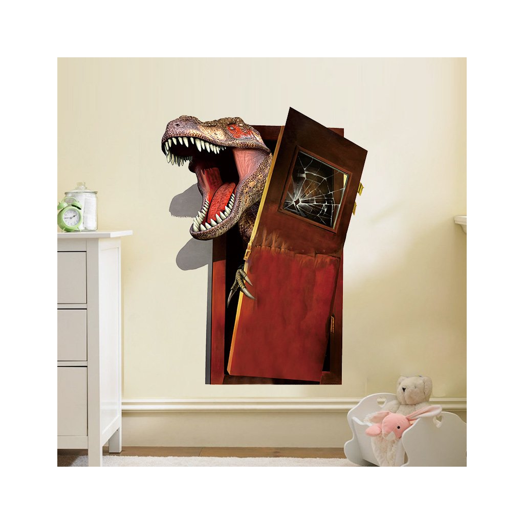 Dětská samolepka na zeď - Tyranosaurus Rex útočí a rozbíjí dveře | Zivazed.cz