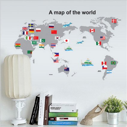 Samolepka na zeď Mapa Světa s vlajkami