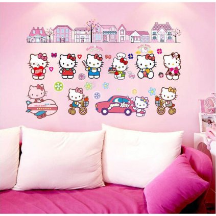 Samolepka na zeď Hello Kitty s domečky 