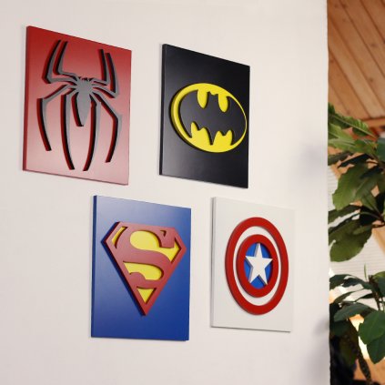 3D dřevěná dekorace znak Avengers, Kapitán Amerika, Spiderman, Batman, Superman