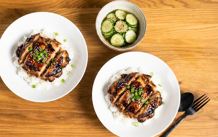 Teriyaki kuře s rýží a okurkovým salátem
