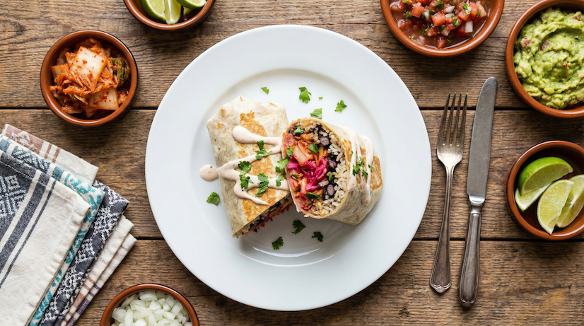 Mexické burrito s rýží, fazolemi a kimchi