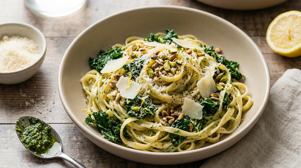 Těstoviny s ricottou, kadeřávkem a pestem z medvědího česneku